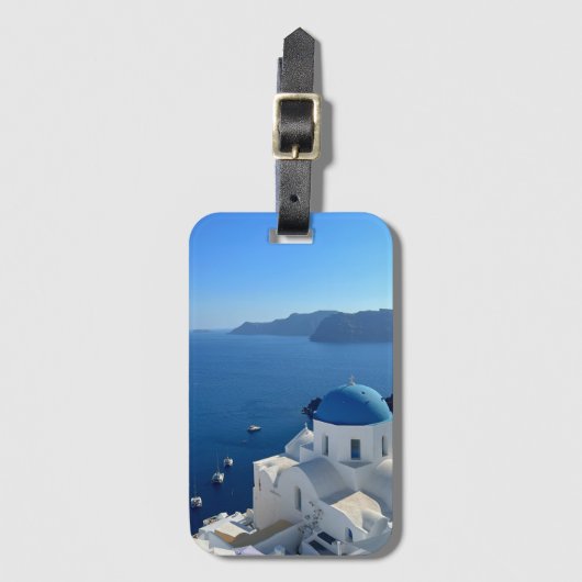 Foto van Santorini Greece Blue Domed Church Bagagelabel (Voorkant (verticaal))