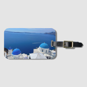 Foto van Santorini Greece Blue Domed Church Bagagelabel