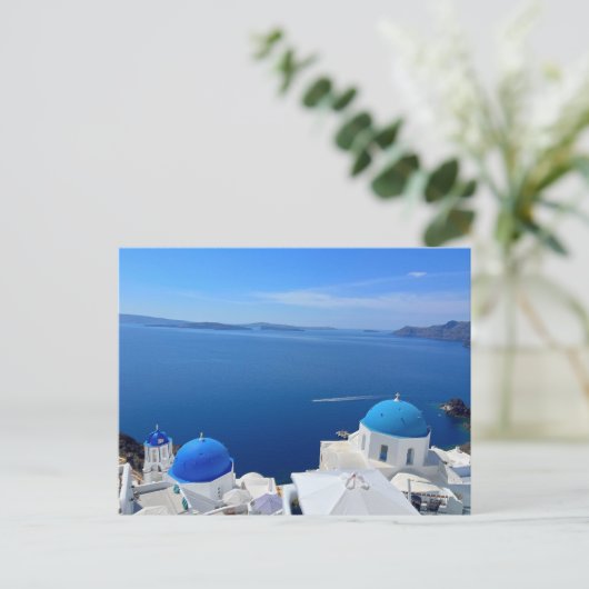 Foto van Santorini Greece Blue Domed Church Briefkaart (Staand voorkant)