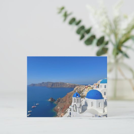 Foto van Santorini Greece Blue Domed Church Briefkaart (Staand voorkant)