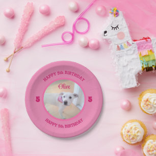 Foto van Schattige Puppy Dog Pink Birthday 5 Papieren Bordje