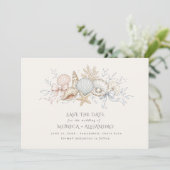 Foto van schelpen kuststrand bruiloft save the date (Staand voorkant)