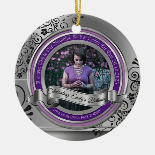 Foto van Silver Black Fgrave Elegant Banner Purple Keramisch Ornament (Voorkant)