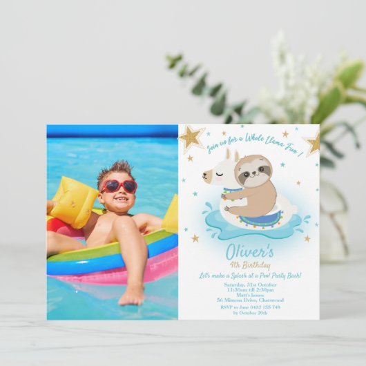 Foto van Sloth and Llama Pool Party Birthday Boy Kaart (Staand voorkant)