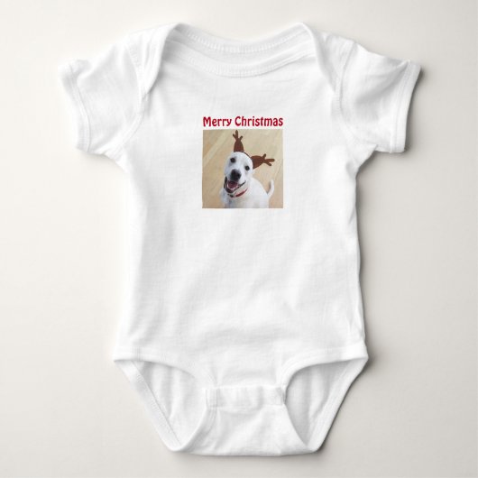 Foto van Smiling Dog Wearing Reindeer Antlers Romper (Voorkant)