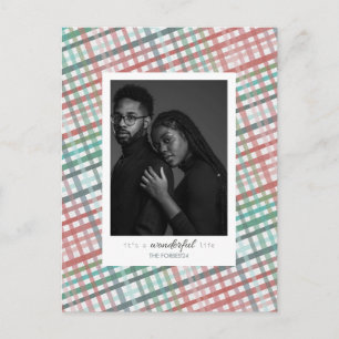 Foto van stel op pastelruitprint feestdagenkaart