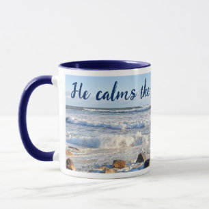 Foto van Stormy Ocean Waves Bible Verse Navy Blue Mok
