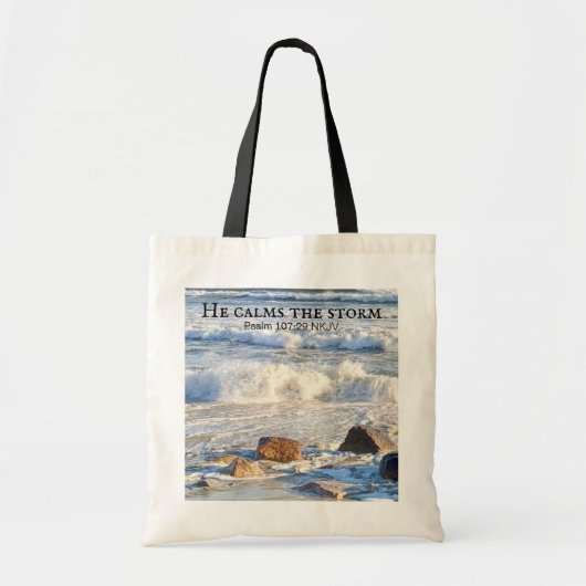 Foto van Stormy Zee Hij calms de Bijbelverse van h Tote Bag (Voorkant)