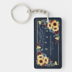 Foto van Sunflower Navy Blue Burgundy Wood Floral Sleutelhanger