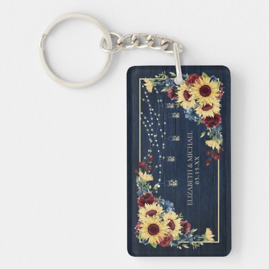 Foto van Sunflower Navy Blue Burgundy Wood Floral Sleutelhanger (Voorkant)