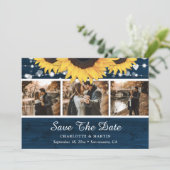 Foto van Sunflower Navy Blue Rustic Wood Weddensch Save The Date (Staand voorkant)