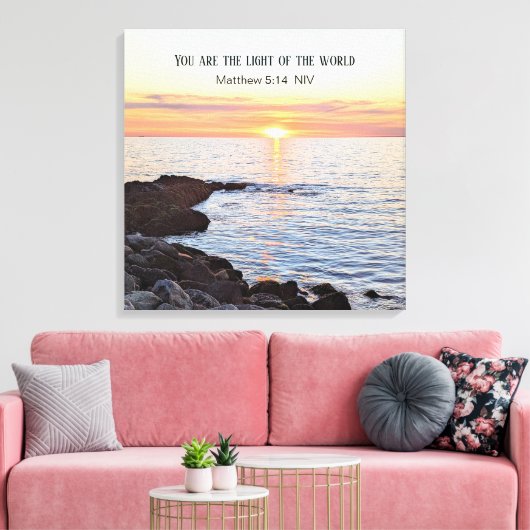 Foto van Sunset on Ocean Bible Verse Canvas Afdruk (Insitu (Woonkamer))