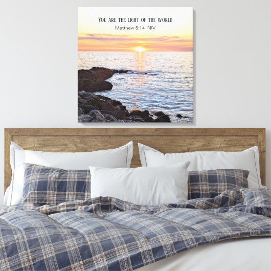 Foto van Sunset on Ocean Bible Verse Canvas Afdruk (Insitu (Slaapkamer))