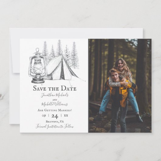 Foto van Tent and Woodland Sketch Camping Wedding Save The Date (Voorkant)