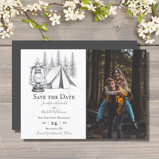 Foto van Tent and Woodland Sketch Camping Wedding Save The Date