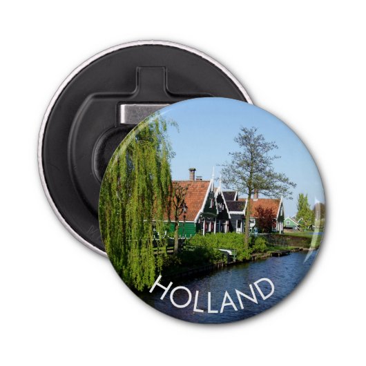 Foto van traditionele groene rode Nederlandse hout Button Flesopener (Voorkant)