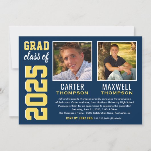 Foto van twee Graduates Navy Yellow Graduparty Kaart (Voorkant)