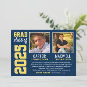 Foto van twee Graduates Navy Yellow Graduparty Kaart (Staand voorkant)