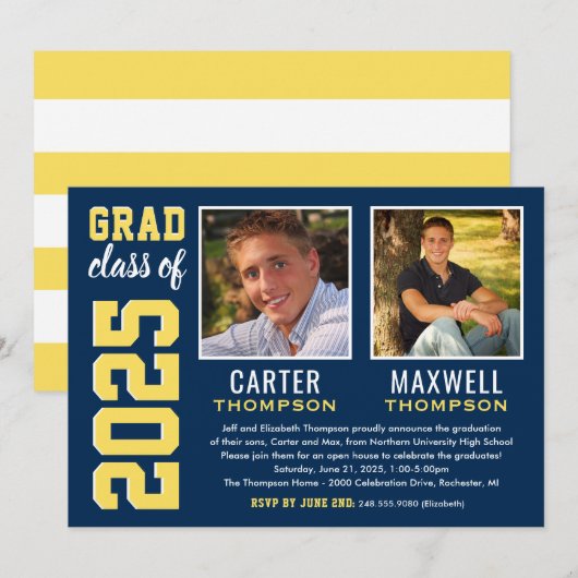 Foto van twee Graduates Navy Yellow Graduparty Kaart (Voorkant / Achterkant)
