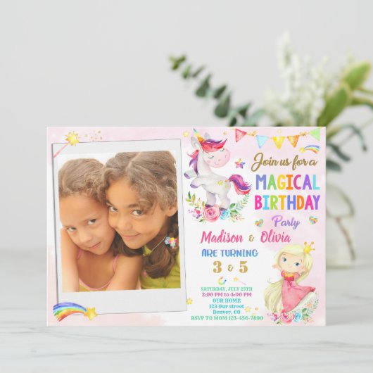 Foto van Unicorn en Princess verjaardaguitnodiging Kaart (Staand voorkant)