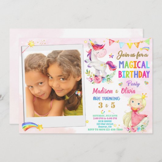 Foto van Unicorn en Princess verjaardaguitnodiging Kaart (Voorkant / Achterkant)