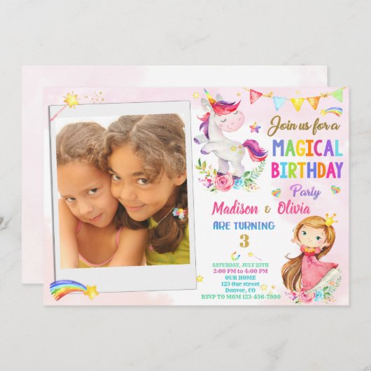 Foto van Unicorn en Princess verjaardaguitnodiging Kaart (Voorkant / Achterkant)
