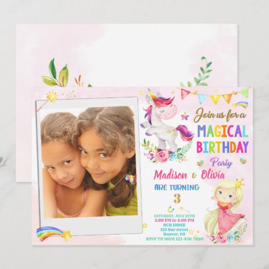 Foto van Unicorn en Princess verjaardaguitnodiging Kaart (Voorkant / Achterkant)