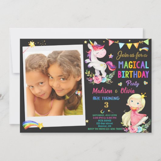 Foto van Unicorn en Princess verjaardaguitnodiging Kaart (Voorkant)