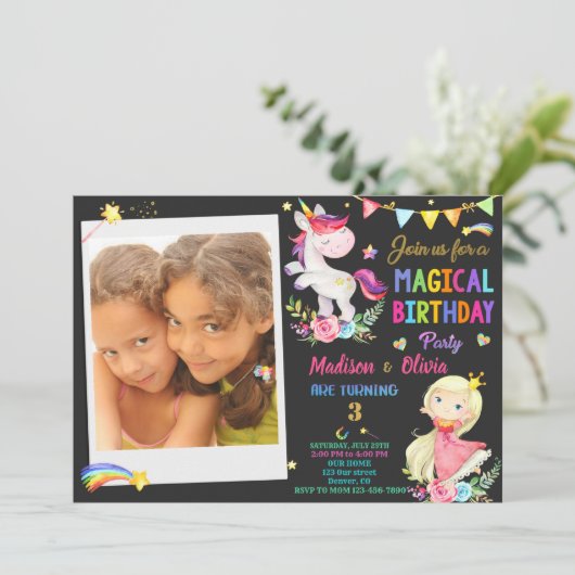 Foto van Unicorn en Princess verjaardaguitnodiging Kaart (Staand voorkant)