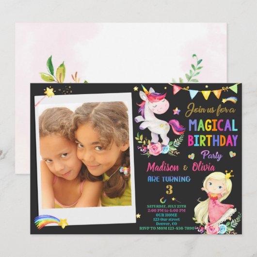 Foto van Unicorn en Princess verjaardaguitnodiging Kaart (Voorkant / Achterkant)