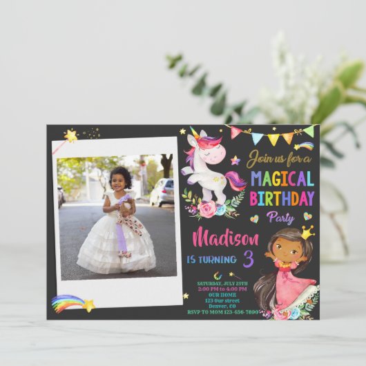 Foto van Unicorn en Princess verjaardaguitnodiging Kaart (Staand voorkant)