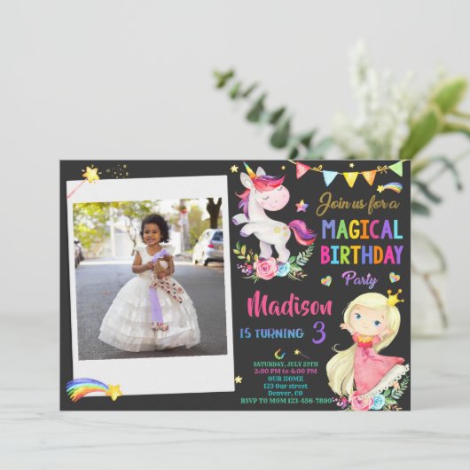 Foto van Unicorn en Princess verjaardaguitnodiging Kaart (Staand voorkant)