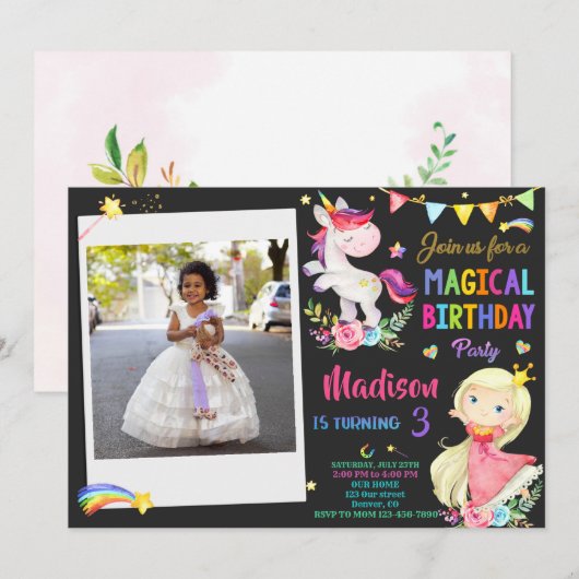 Foto van Unicorn en Princess verjaardaguitnodiging Kaart (Voorkant / Achterkant)