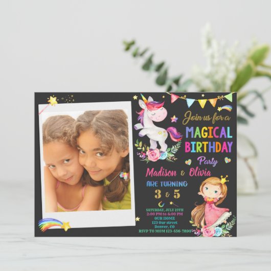 Foto van Unicorn en Princess verjaardaguitnodiging Kaart (Staand voorkant)