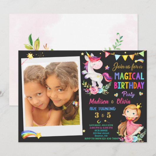 Foto van Unicorn en Princess verjaardaguitnodiging Kaart (Voorkant / Achterkant)