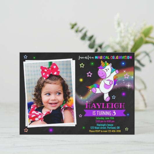 Foto van Unicorn verjaardagsdag 1e magische feestj Kaart (Staand voorkant)