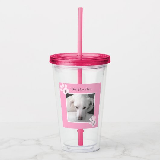 Foto van unieke witte dog monogram roze poten acryl drinkbeker (Voorkant)