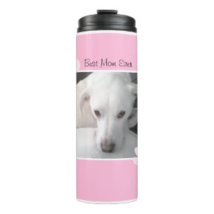 Foto van unieke witte dog monogram roze poten thermosbeker