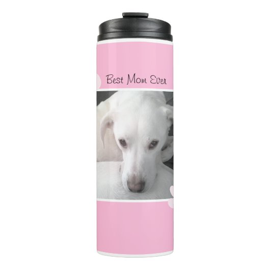 Foto van unieke witte dog monogram roze poten thermosbeker (Voorkant)