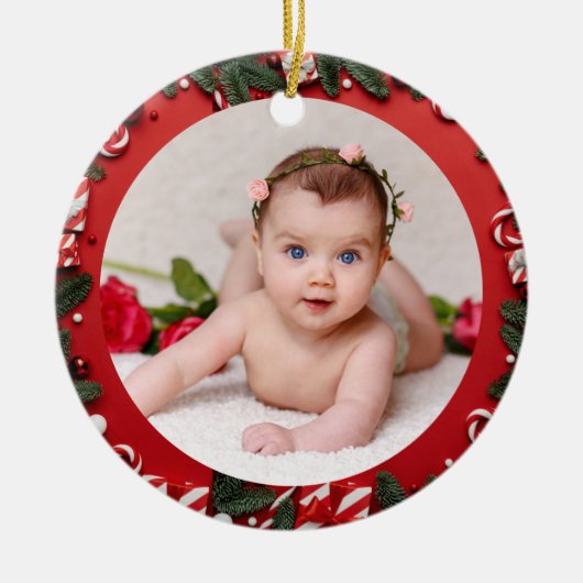 Foto van uw baby Aangepaste Rode Kerst Snoepjes Keramisch Ornament (Voorkant)