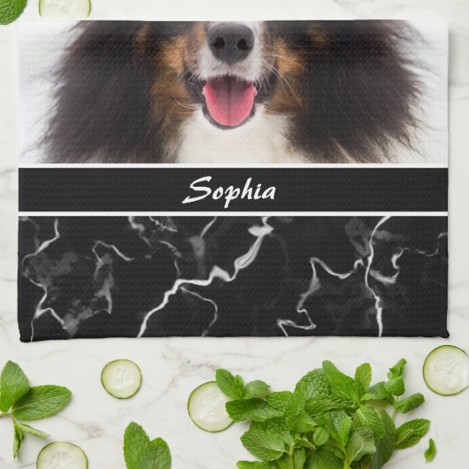 Foto van uw dichter op Faux Black Marmer & Name Theedoek (Gevouwen)
