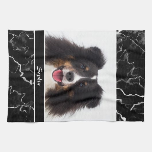 Foto van uw dichter op Faux Black Marmer & Name Theedoek (Horizontaal)