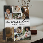 Foto van vier poten: Dog Fotoplaat<br><div class="desc">Deze gepersonaliseerde afbeelding plaquette is het perfecte hoopje of sentimentele geschenk voor elk dierenvriend dat een geliefd huisdier is kwijtgeraakt. Het bevat 8 persoonlijke foto's voor je om jezelf te kiezen, hartpootafdrukken, een schattig citaat dat luidt: "ware liefde heeft vier poten", en aanpasbare namen voor het huisdier en de eigenaar....</div>