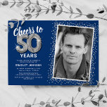 Foto van vijftig jaar 50e verjaardag kaart<br><div class="desc">Vier de grote mijlpaal van het worden van vijftig met onze elegante verjaardagsfeestuitnodigingen. Met een aanpasbare trendy blauwe achtergrond, een persoonlijke fotospot en zilveren accenten zullen deze uitnodigingen zeker een blijvende indruk achterlaten. De zilveren heliumballondetails voegen een vleugje magie toe, terwijl de moderne 50e verjaardagstekst sjabloon moeiteloos gemakkelijk te personaliseren...</div>