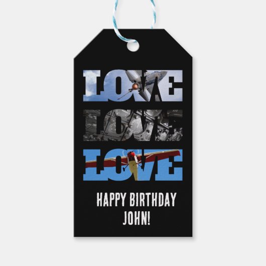 Foto van vliegtuig, liefdeswoord, eenvoudige lucht cadeaulabel (Voorkant)