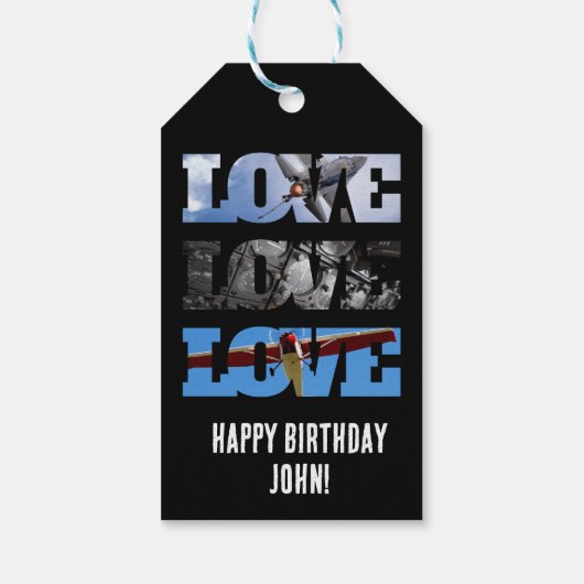 Foto van vliegtuig, liefdeswoord, eenvoudige lucht cadeaulabel (Achterkant)