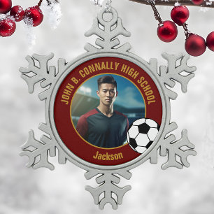 Foto van voetballer in bordeauxrood en goud op mid tin sneeuwvlok ornament