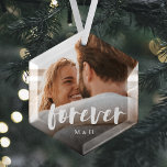 Foto van voor altijd speciaal voor scripts bestemd glas ornament<br><div class="desc">Creëer een lief keepname van je bruiloft,  verloving,  jubileum,  huwelijksreis of een speciaal moment met deze aangepaste sieraad die perfect is voor paren. Voeg een favoriete foto toe,  met "voorgoed"bekleed in het casual handschrift van het borstelmanuscript,  en uw initialen onder.</div>