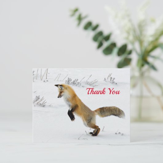 Foto van vos die door de sneeuw springt, dank je briefkaart (Staand voorkant)