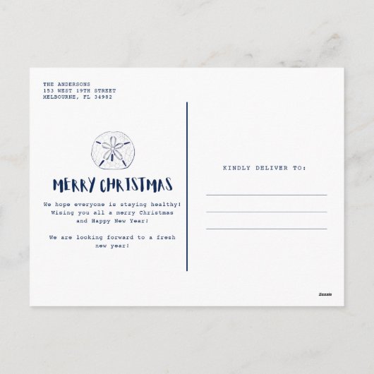 Foto van Warm Wishes Beach Navy Blue Feestdagenkaart (Achterkant)